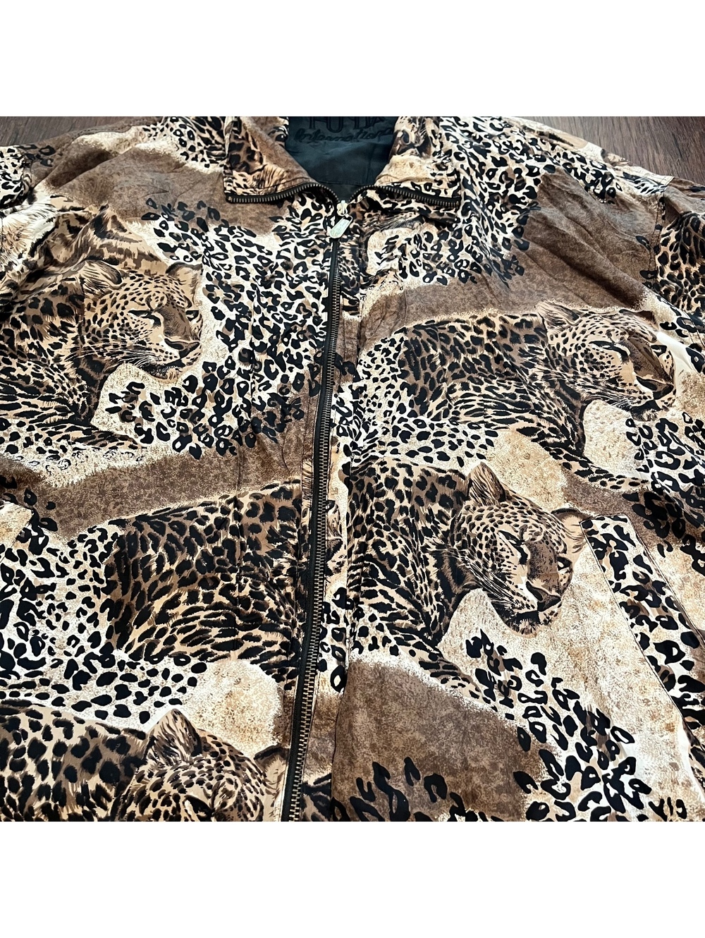 FU DA International Cheetah animal print 100% silk zip bomber jacket plus size - Picture 2 of 5